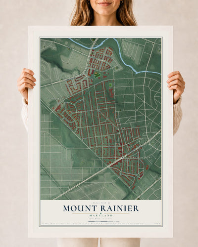Map of Mount Rainier, Maryland, 24 x 36 inch print in a white wood frame