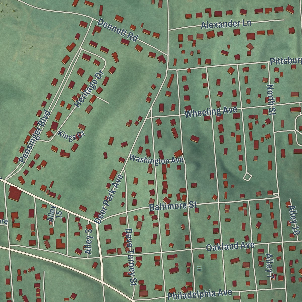 Close-up of the map of Mountain Lake Park, Maryland print showing street and building detail