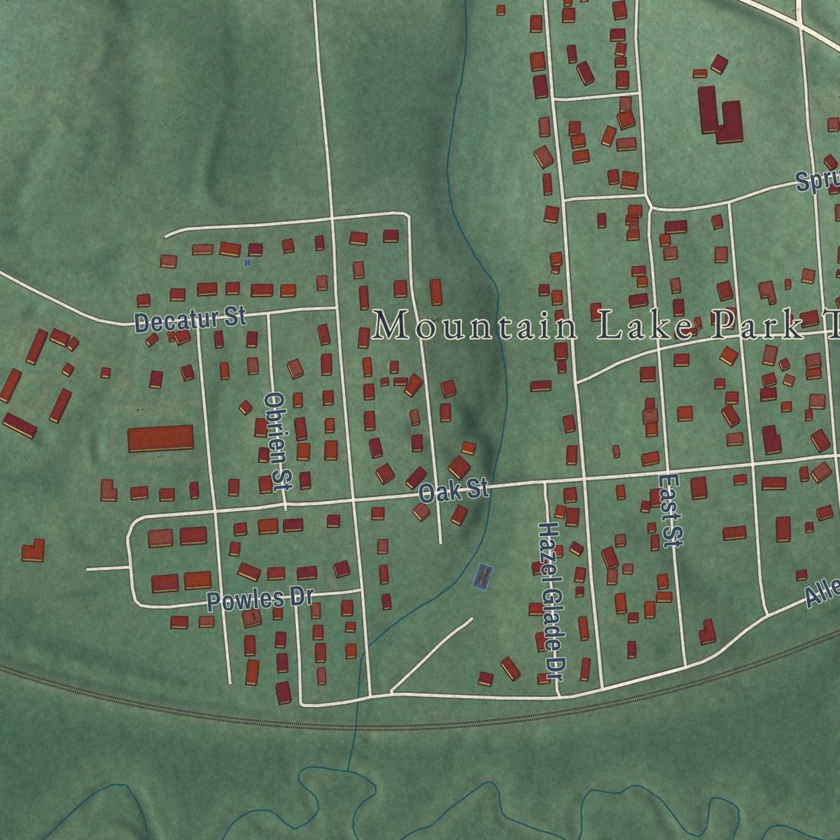 Second close-up of the map of Mountain Lake Park, Maryland print showing more streets and buildings