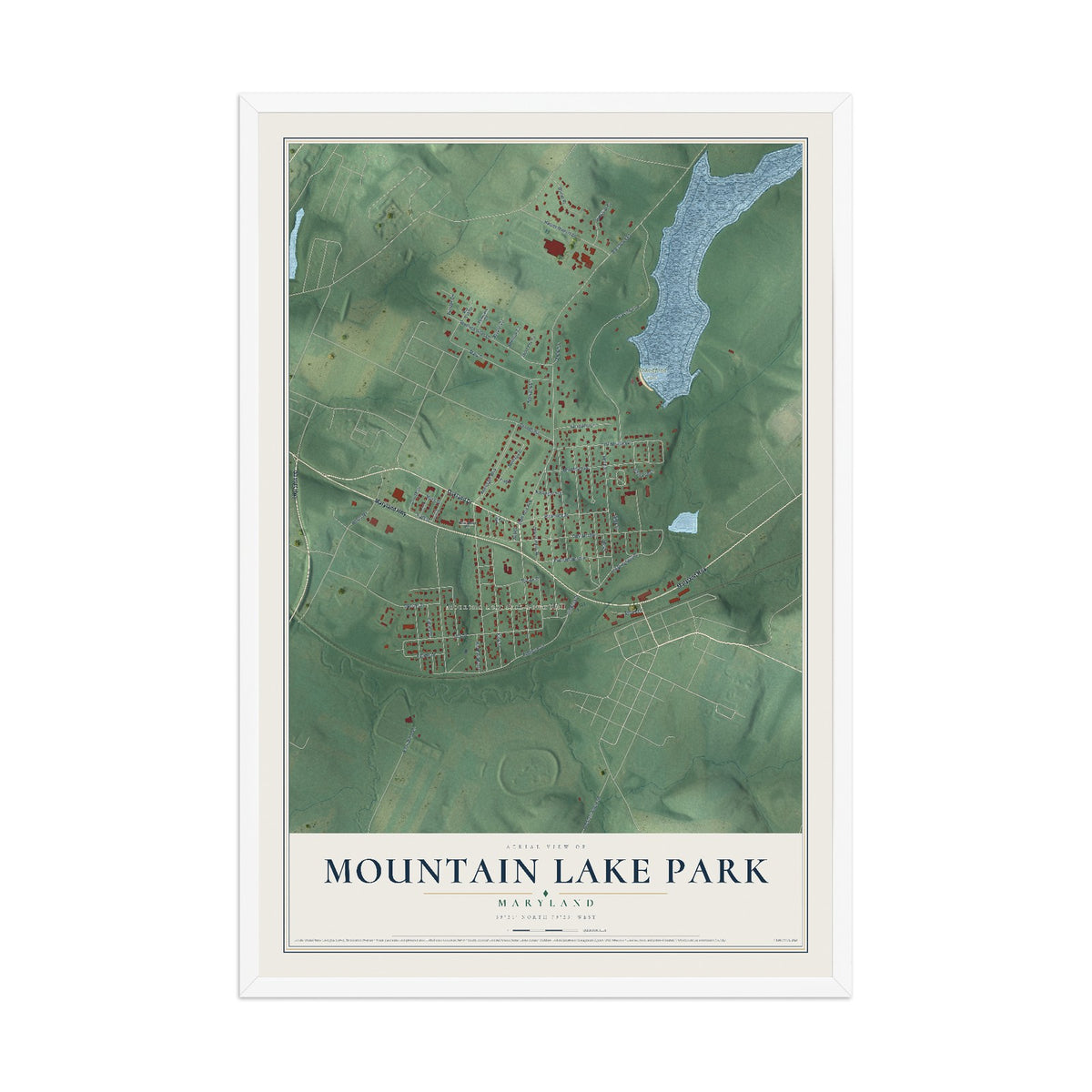 Map of Mountain Lake Park, Maryland, 12 x 18 inch print in a white wood frame