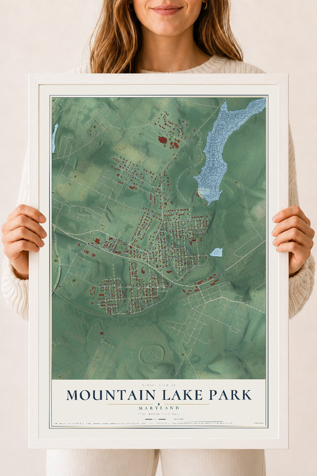 Map of Mountain Lake Park, Maryland, 18 x 24 inch print in a white wood frame