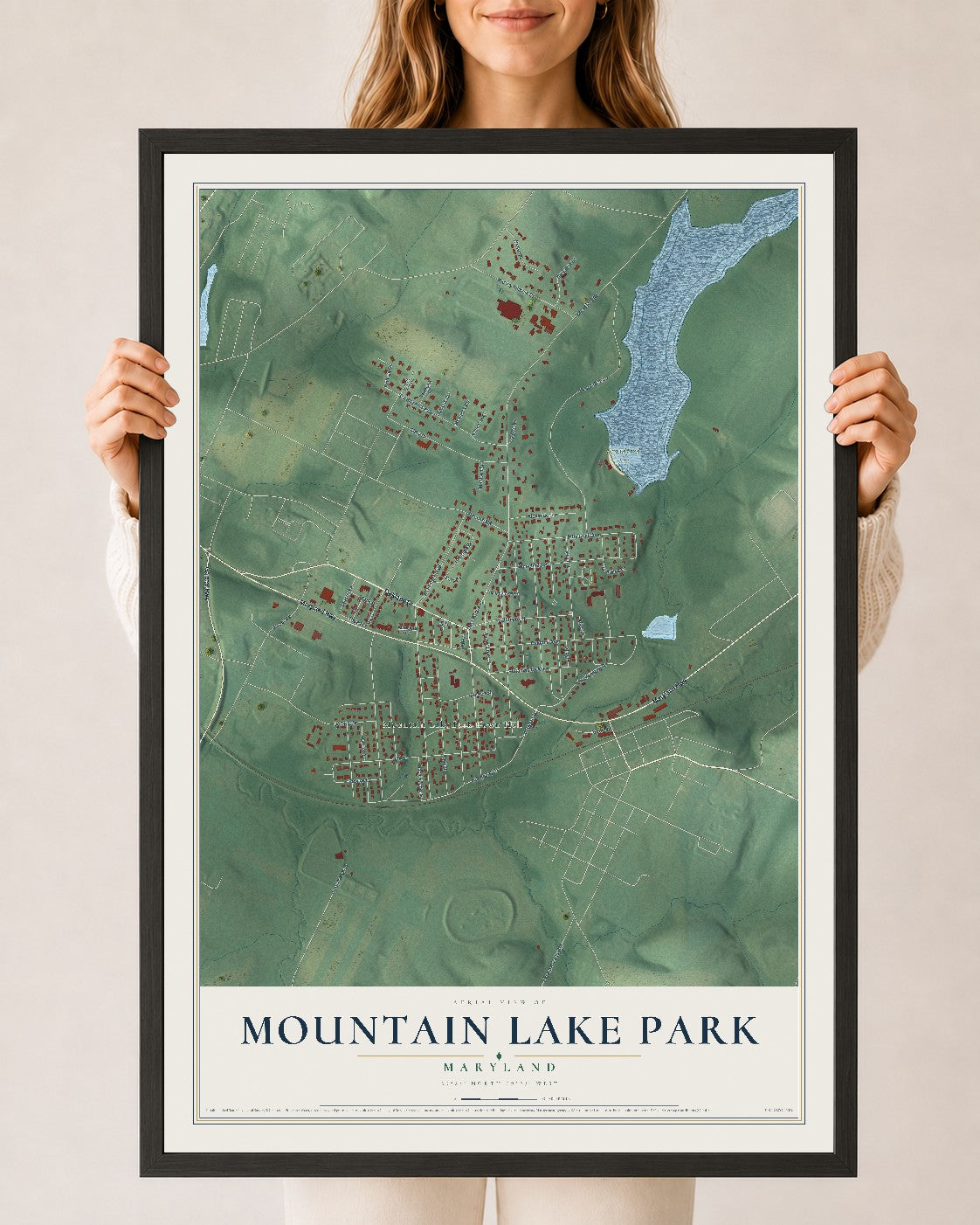 Map of Mountain Lake Park, Maryland, 24 x 36 inch print in a black wood frame