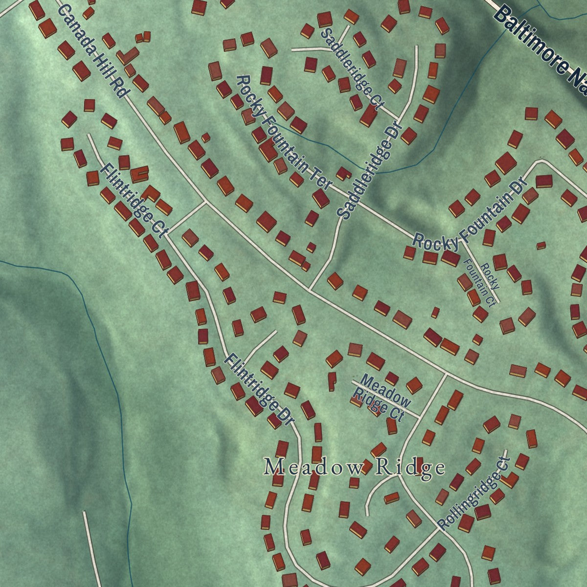 Close-up of the map of Myersville, Maryland print showing street and building detail