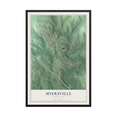 Map of Myersville, Maryland, 12 x 18 inch print in a black wood frame