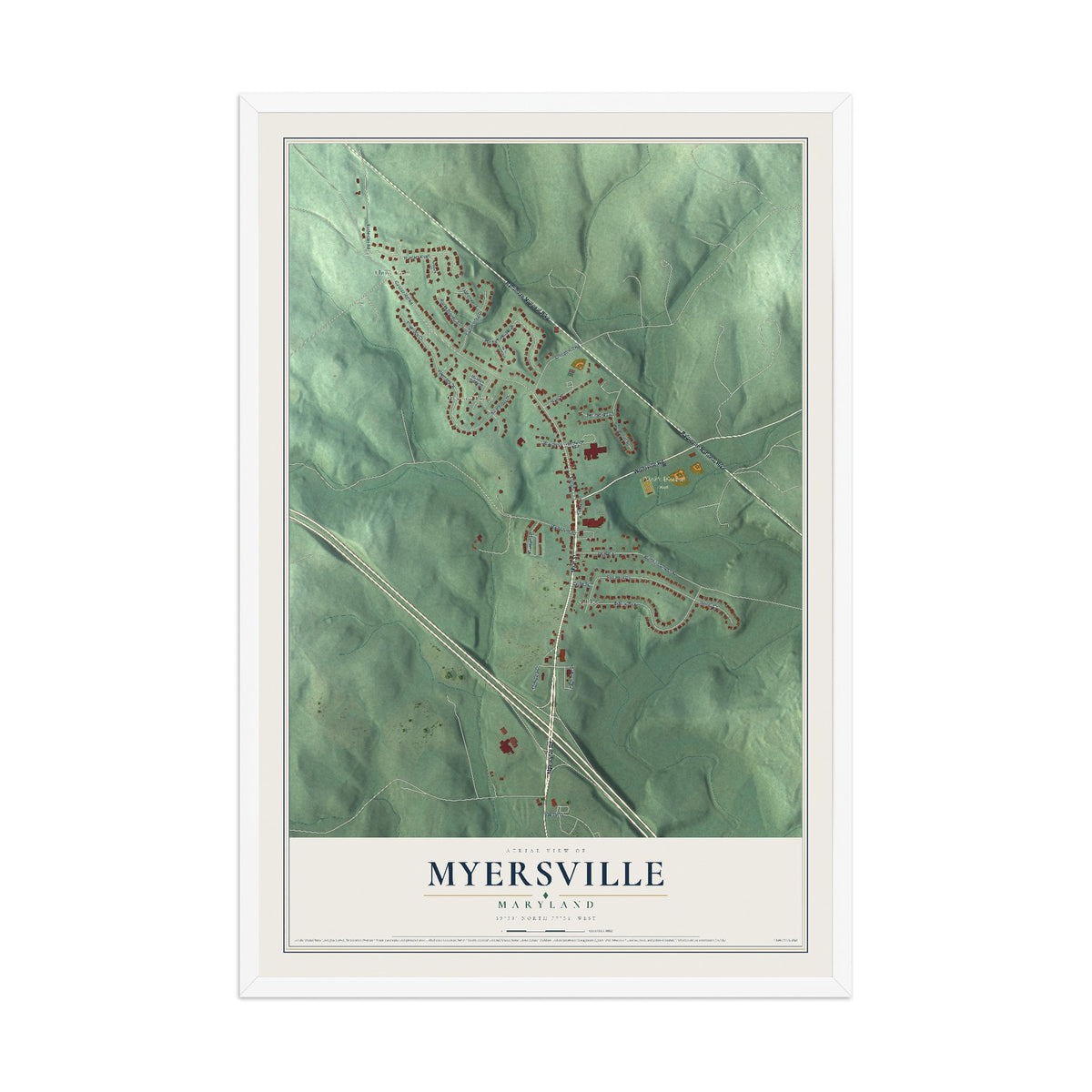 Map of Myersville, Maryland, 12 x 18 inch print in a white wood frame