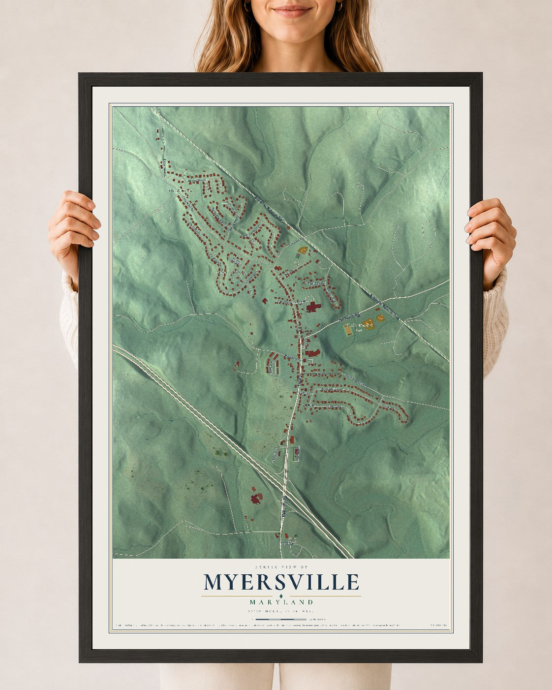 Map of Myersville, Maryland, 24 x 36 inch print in a black wood frame