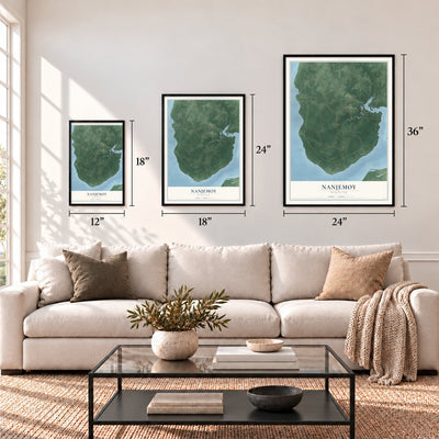 Nanjemoy, Maryland map in 12 x 18, 18 x 24 and 24 x 36 inch sizes above a sofa