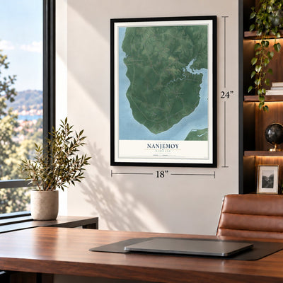 Nanjemoy, Maryland map, 18 x 24 inch print in a black frame in a home office