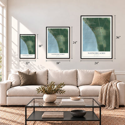 Nanticoke Acres, Maryland map in 12 x 18, 18 x 24 and 24 x 36 inch sizes above a sofa
