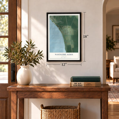 Nanticoke Acres, Maryland map, 12 x 18 inch print in a black frame in an entryway