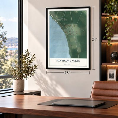 Nanticoke Acres, Maryland map, 18 x 24 inch print in a black frame in a home office