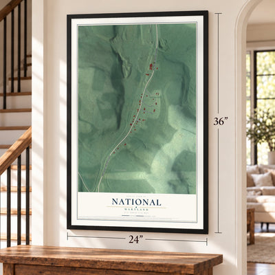 National, Maryland map, 24 x 36 inch print in a black frame by a staircase