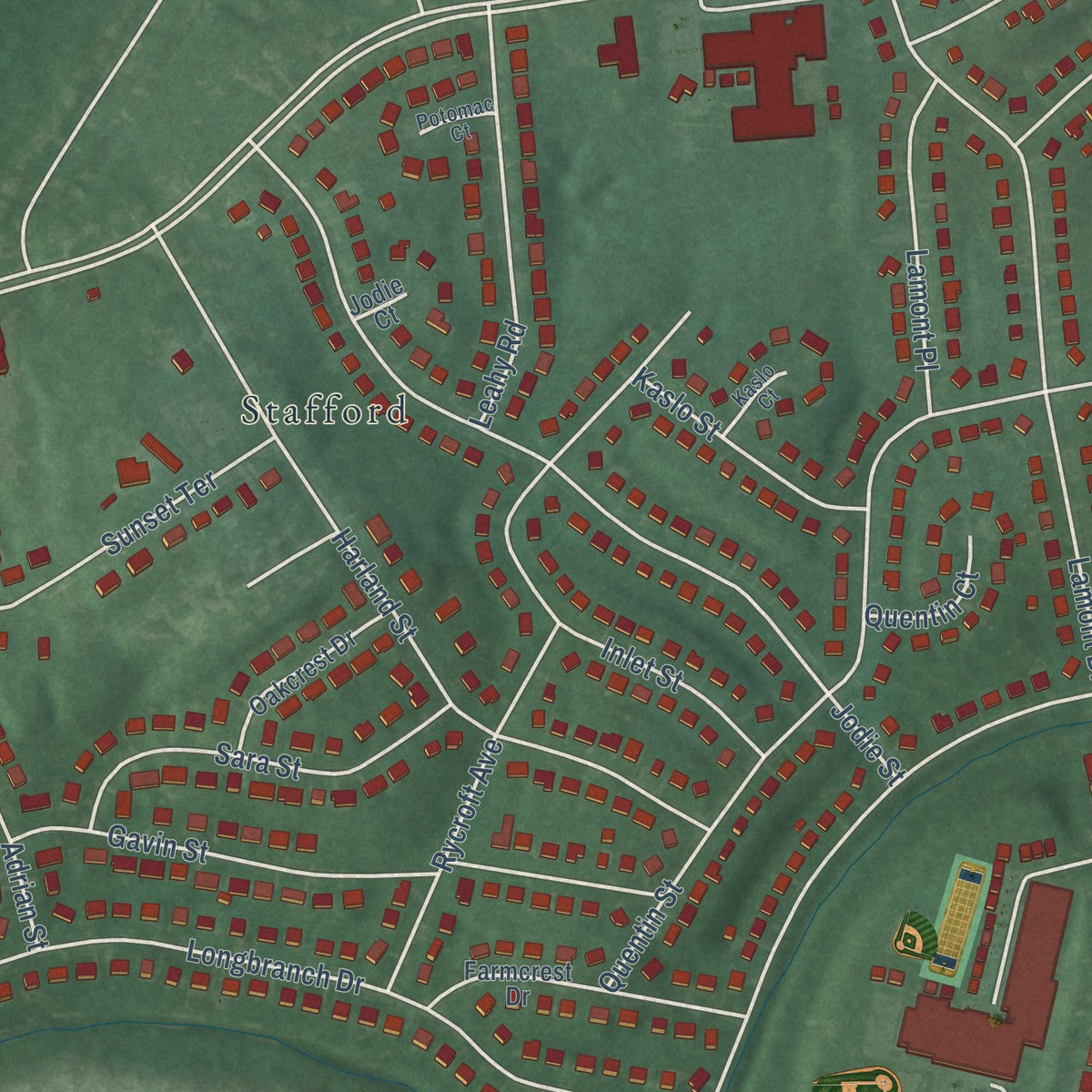 Second close-up of the map of New Carrollton, Maryland print showing more streets and buildings