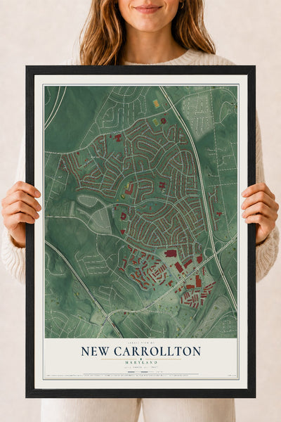 Map of New Carrollton, Maryland, 18 x 24 inch print in a black wood frame