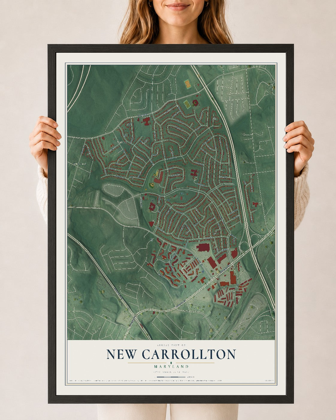 Map of New Carrollton, Maryland, 24 x 36 inch print in a black wood frame