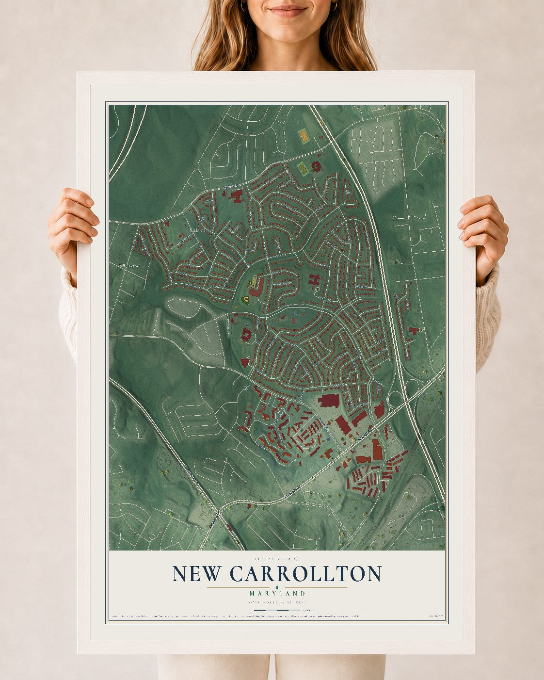 Map of New Carrollton, Maryland, 24 x 36 inch print in a white wood frame