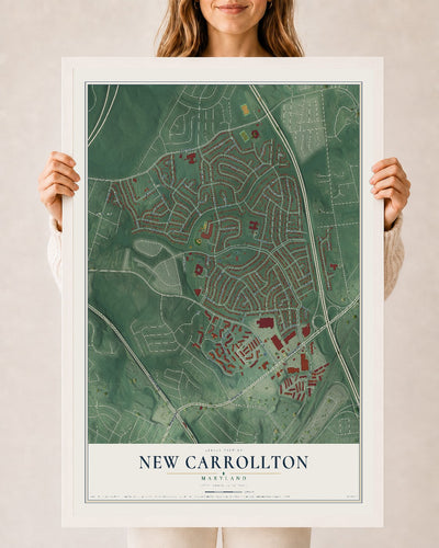 Map of New Carrollton, Maryland, 24 x 36 inch print in a white wood frame