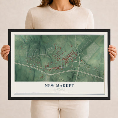 Map of New Market, Maryland, 12 x 18 inch print in a black wood frame