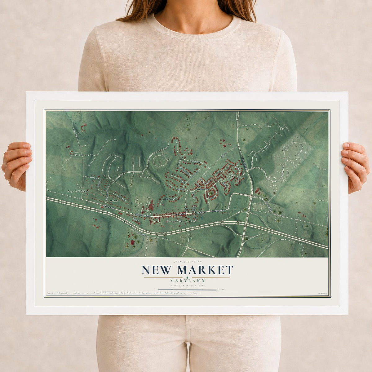 Map of New Market, Maryland, 12 x 18 inch print in a white wood frame