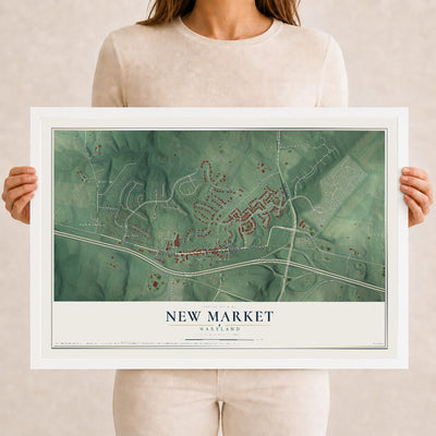 Map of New Market, Maryland, 12 x 18 inch print in a white wood frame