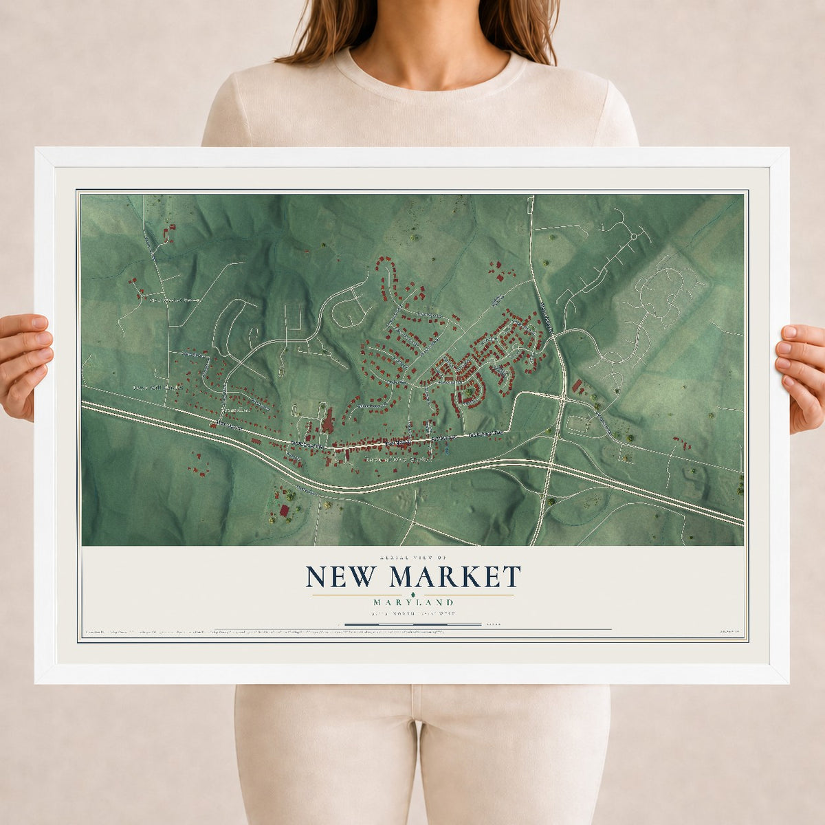 Map of New Market, Maryland, 18 x 24 inch print in a white wood frame