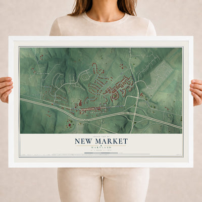 Map of New Market, Maryland, 18 x 24 inch print in a white wood frame
