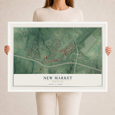 Map of New Market, Maryland, 24 x 36 inch print in a white wood frame