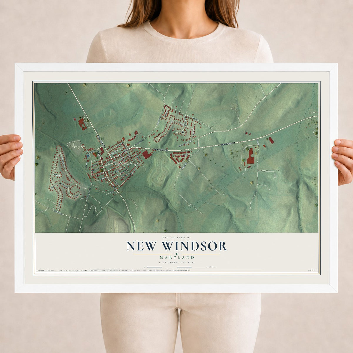 Map of New Windsor, Maryland, 18 x 24 inch print in a white wood frame