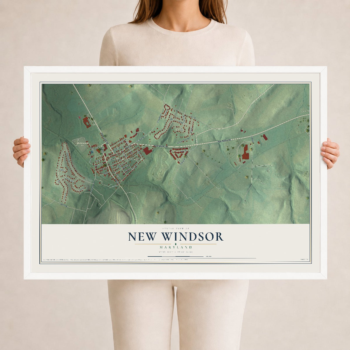 Map of New Windsor, Maryland, 24 x 36 inch print in a white wood frame