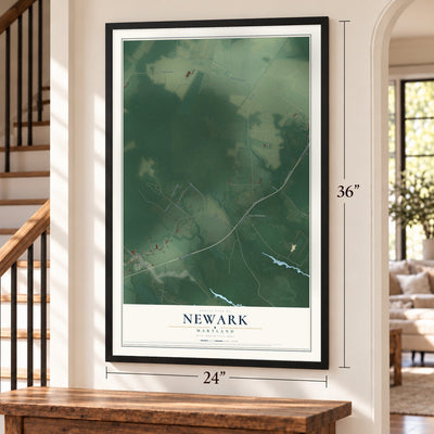 Newark, Maryland map, 24 x 36 inch print in a black frame by a staircase