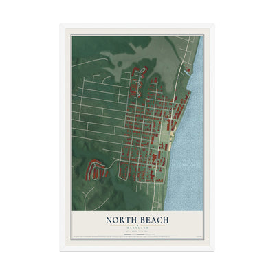 Map of North Beach, Maryland, 12 x 18 inch print in a white wood frame