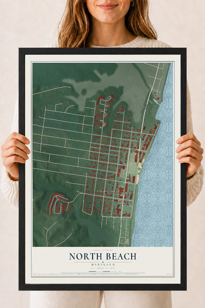 Map of North Beach, Maryland, 18 x 24 inch print in a black wood frame