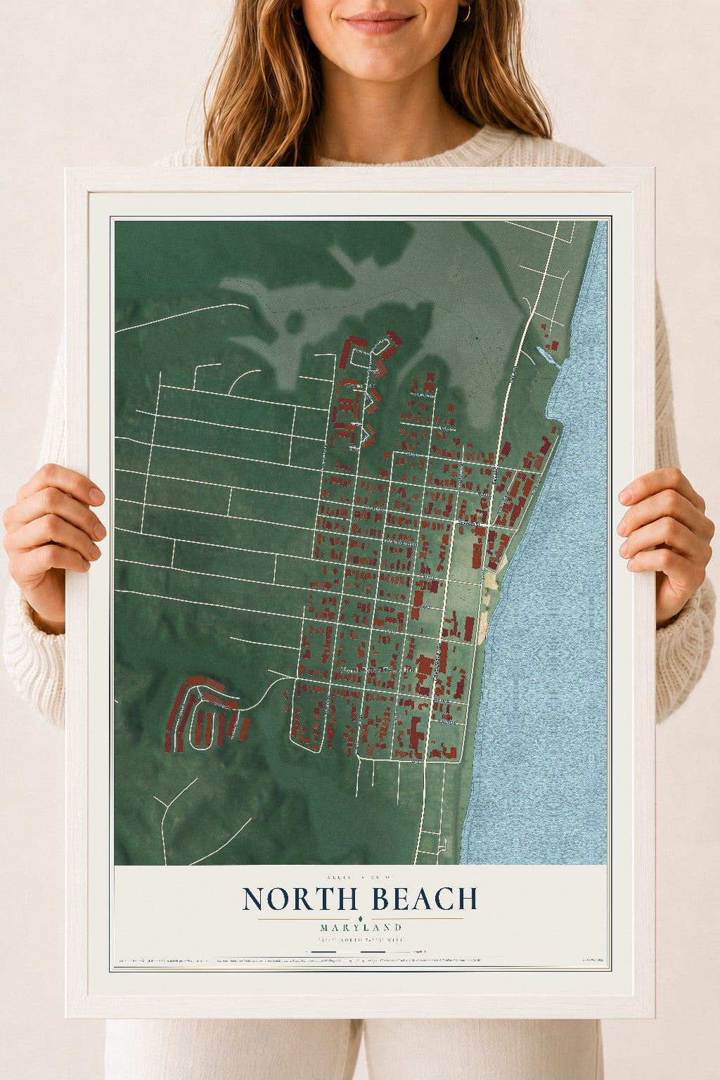 Map of North Beach, Maryland, 18 x 24 inch print in a white wood frame