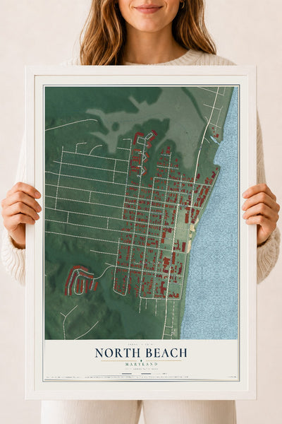 Map of North Beach, Maryland, 18 x 24 inch print in a white wood frame
