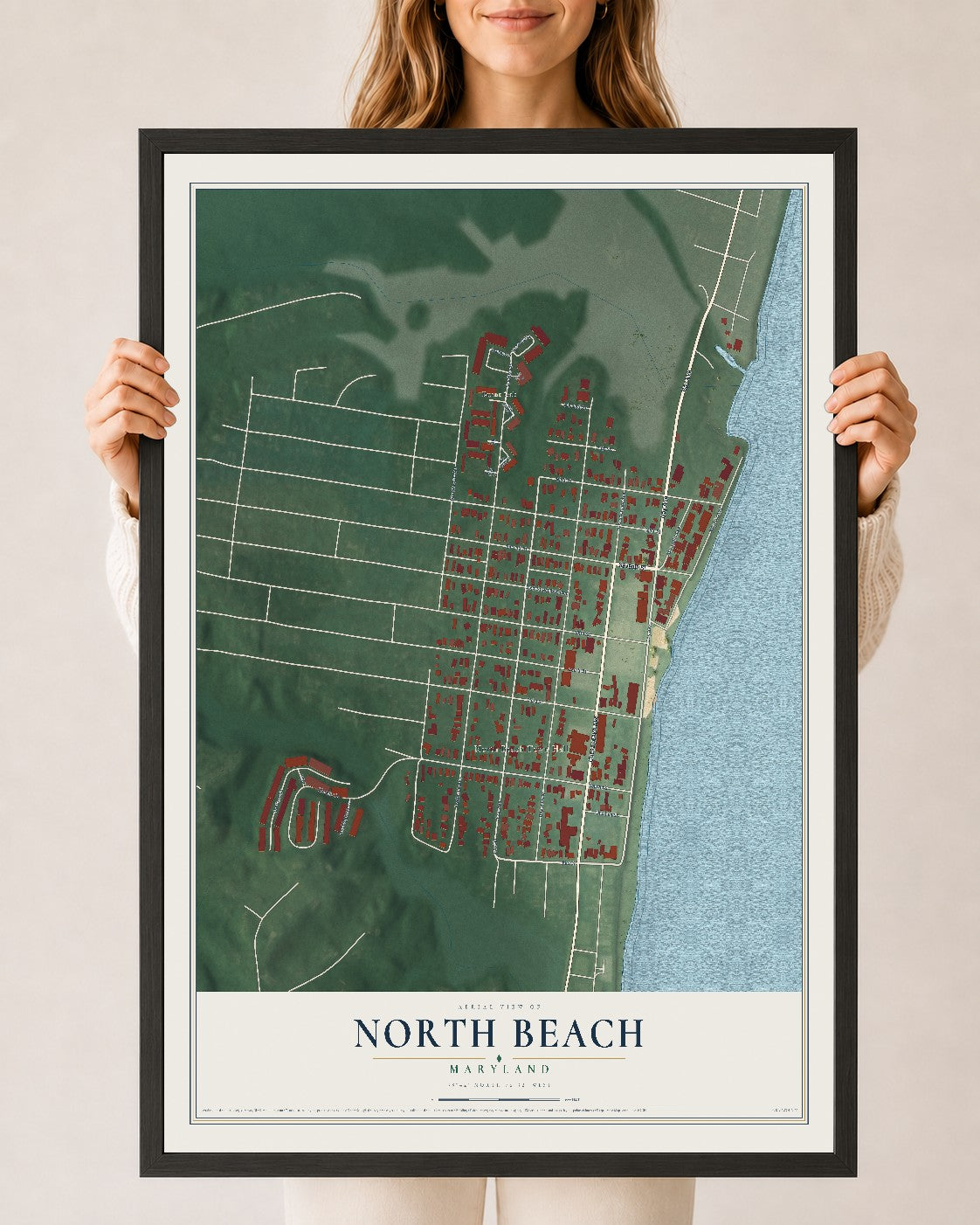 Map of North Beach, Maryland, 24 x 36 inch print in a black wood frame