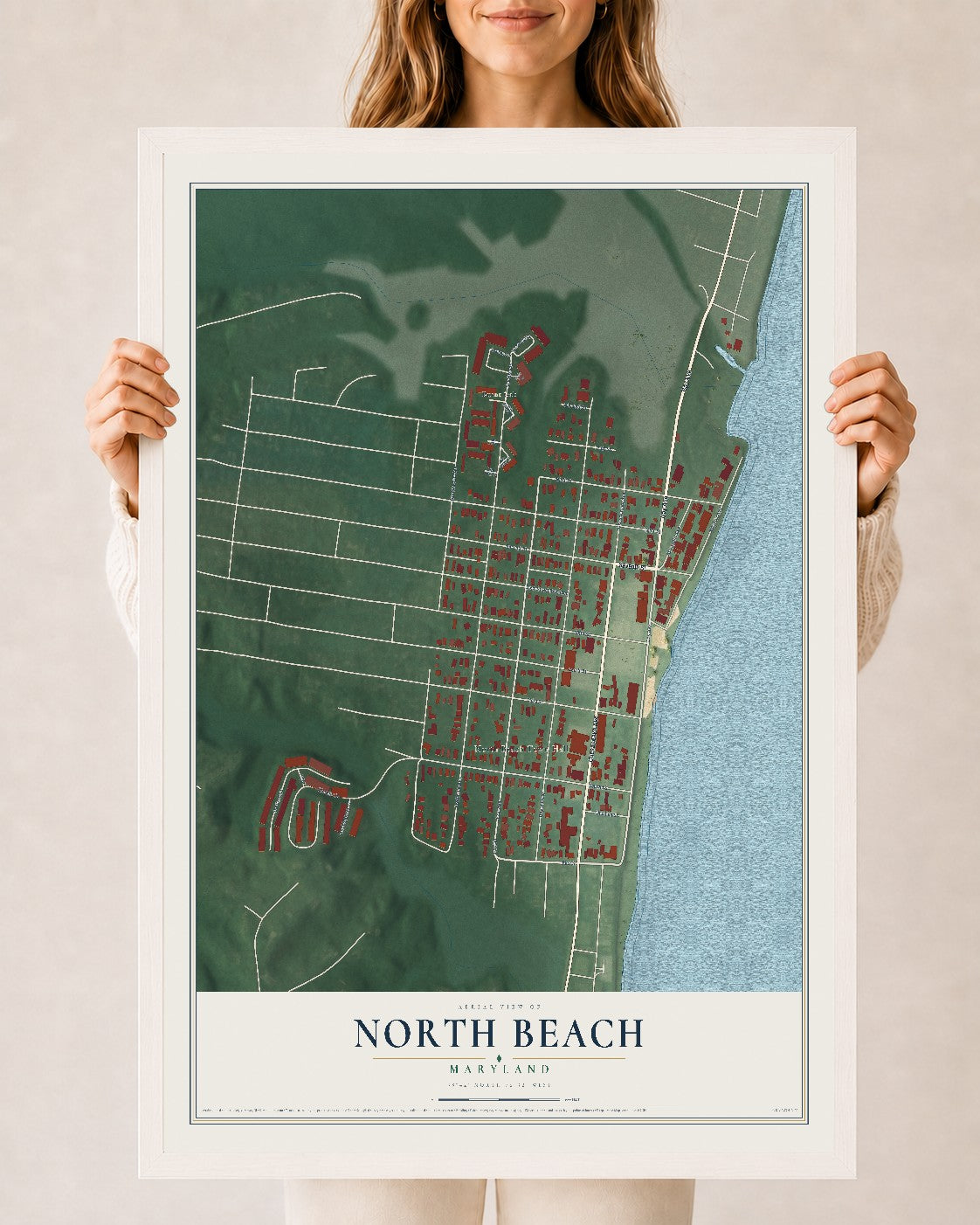 Map of North Beach, Maryland, 24 x 36 inch print in a white wood frame