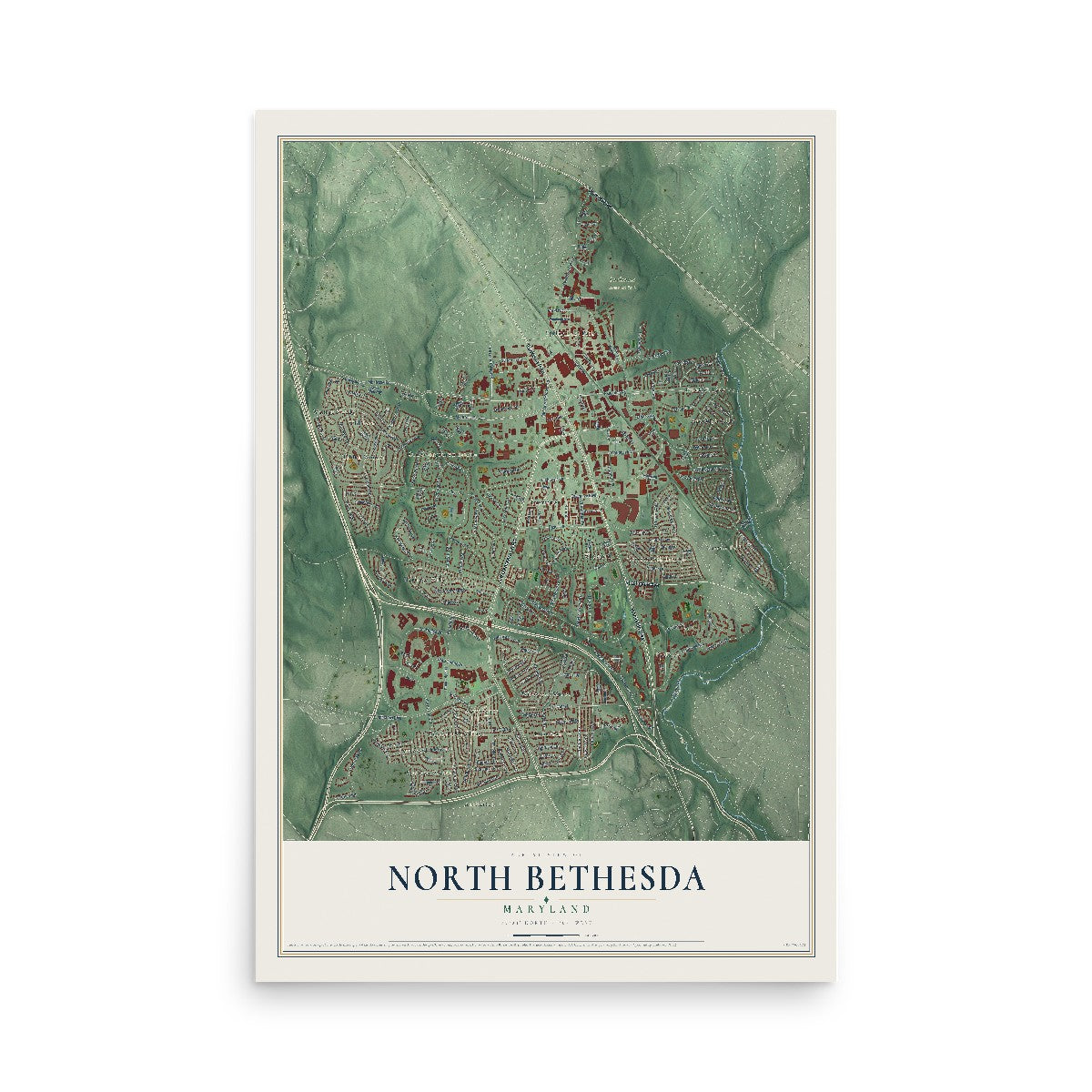 Map of North Bethesda, Maryland, 12 x 18 inch unframed archival matte print