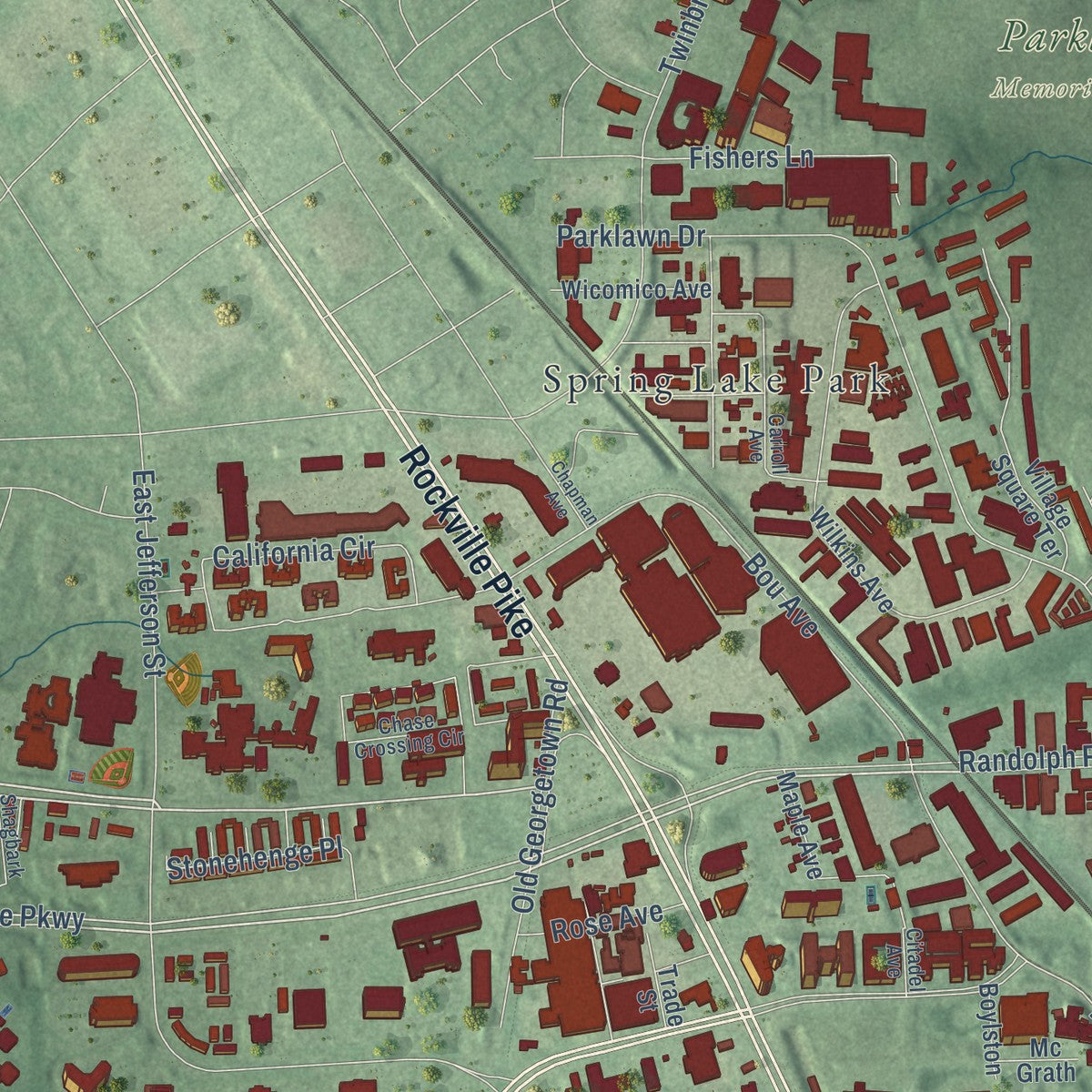 Second close-up of the map of North Bethesda, Maryland print showing more streets and buildings