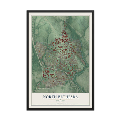 Map of North Bethesda, Maryland, 12 x 18 inch print in a black wood frame