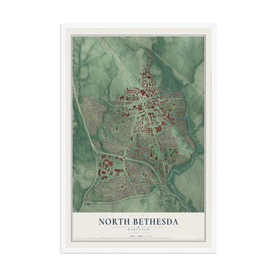Map of North Bethesda, Maryland, 12 x 18 inch print in a white wood frame