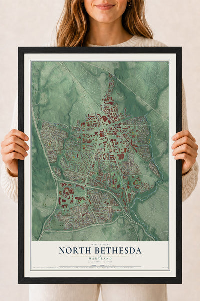 Map of North Bethesda, Maryland, 18 x 24 inch print in a black wood frame