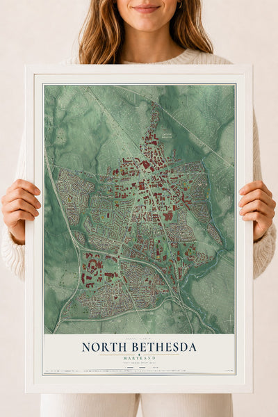 Map of North Bethesda, Maryland, 18 x 24 inch print in a white wood frame