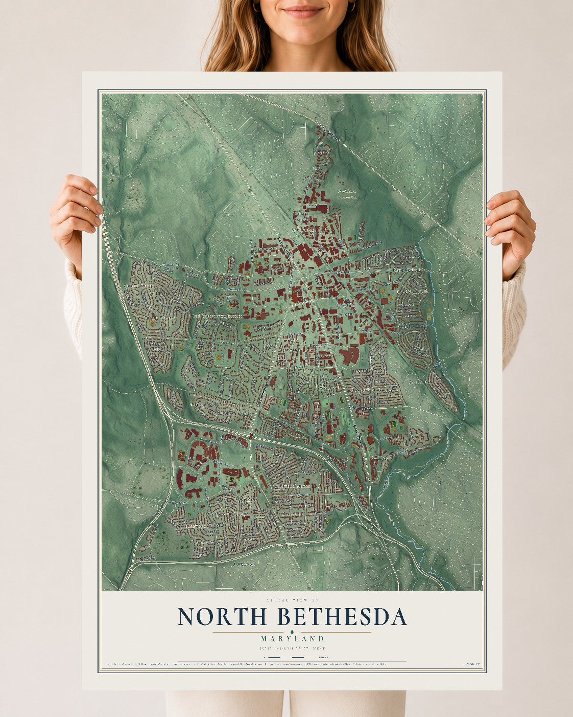 Map of North Bethesda, Maryland, 24 x 36 inch unframed archival matte print