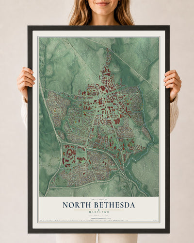Map of North Bethesda, Maryland, 24 x 36 inch print in a black wood frame