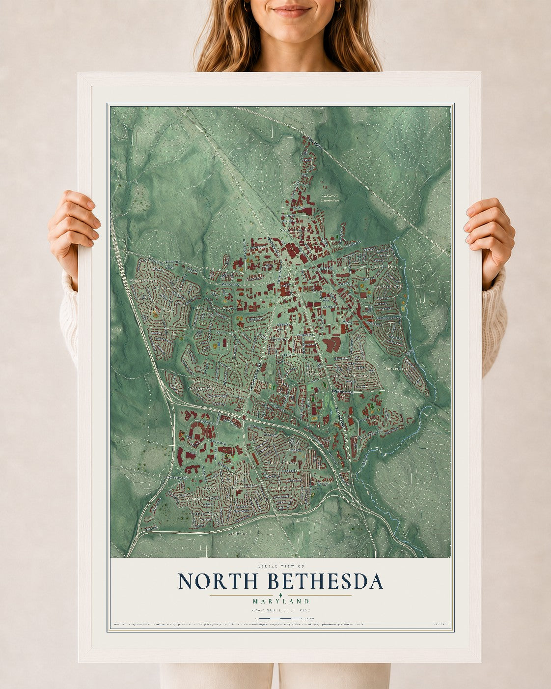 Map of North Bethesda, Maryland, 24 x 36 inch print in a white wood frame