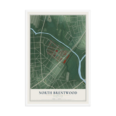 Map of North Brentwood, Maryland, 12 x 18 inch print in a white wood frame