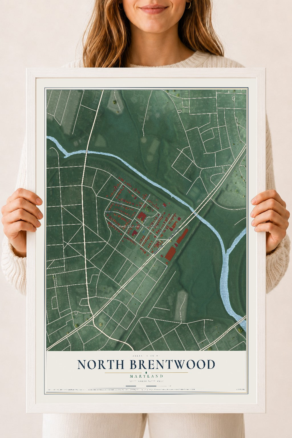 Map of North Brentwood, Maryland, 18 x 24 inch print in a white wood frame