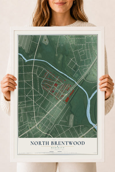 Map of North Brentwood, Maryland, 18 x 24 inch print in a white wood frame