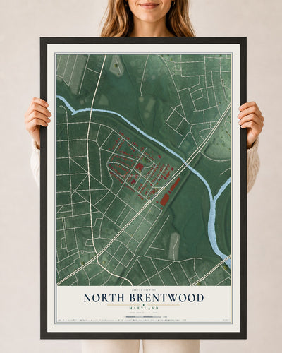 Map of North Brentwood, Maryland, 24 x 36 inch print in a black wood frame