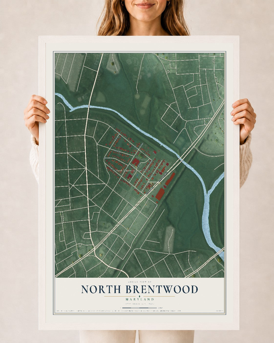 Map of North Brentwood, Maryland, 24 x 36 inch print in a white wood frame